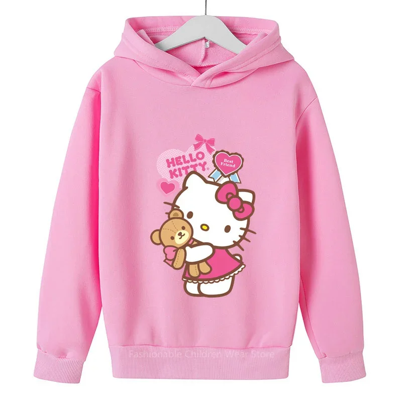 

2024 Hello Kitty Cute Cartoon Print Children's Hoodie Boys Girls Cotton Casual Warm Clothes for Outdoor Activities