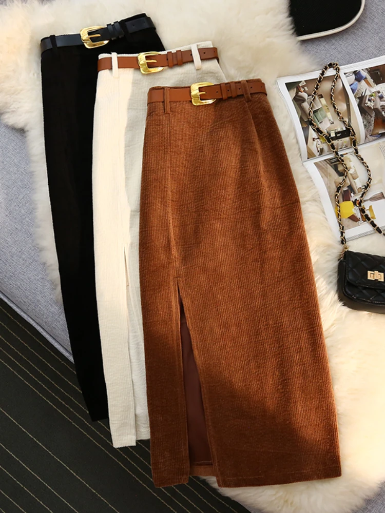 

Vintage Women's Skirt With Side Slit Midi Skirts A-line Hight Waist Sashes Elegant Korean Fashion Corduroy Black Skirt