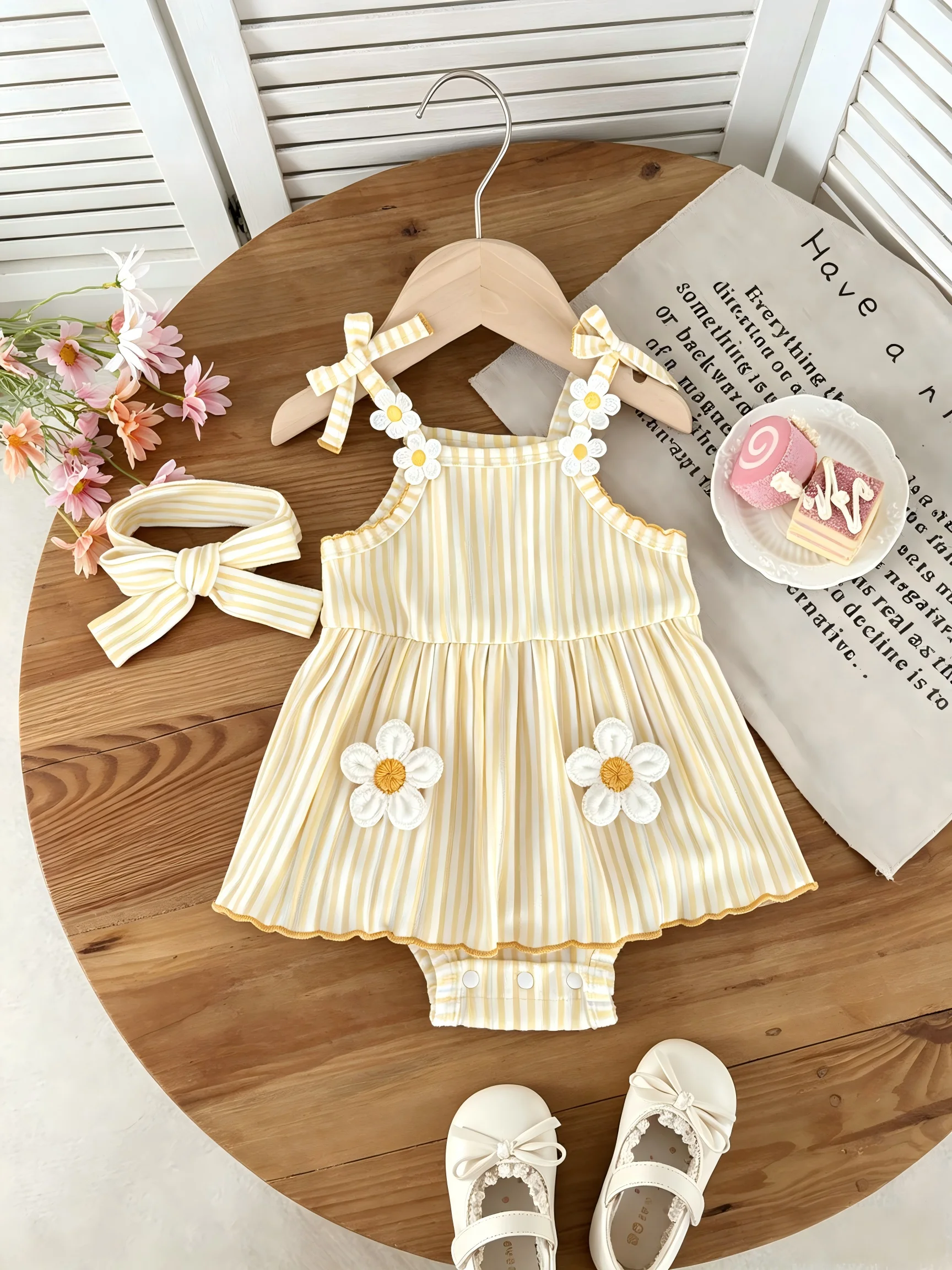 Summer baby girl spaghetti-strap jumpsuit, sweet little Daisy floral girls' crawling suit with striped hair band two-piece set