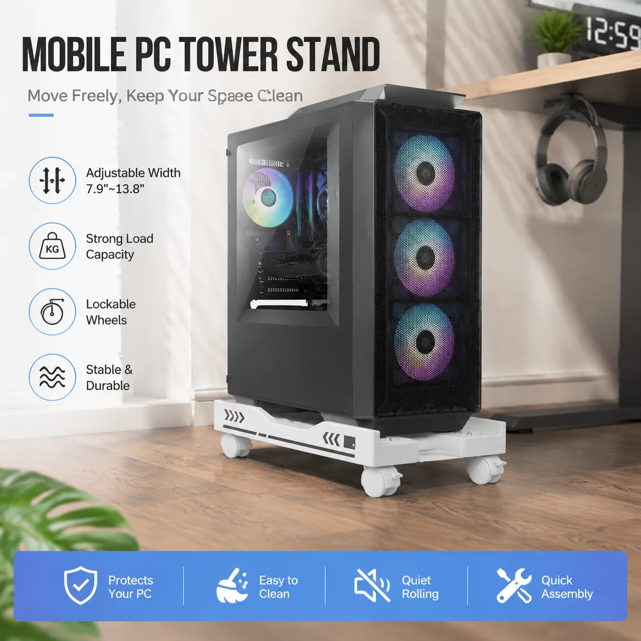 Soporte Móvil Ajustable para CPU, Soporte Resistente para Torre de PC con 4 Ruedas Giratorias, Soporte Ventilado para CPU de Computadora Debajo del Escritorio, Carro para CPU