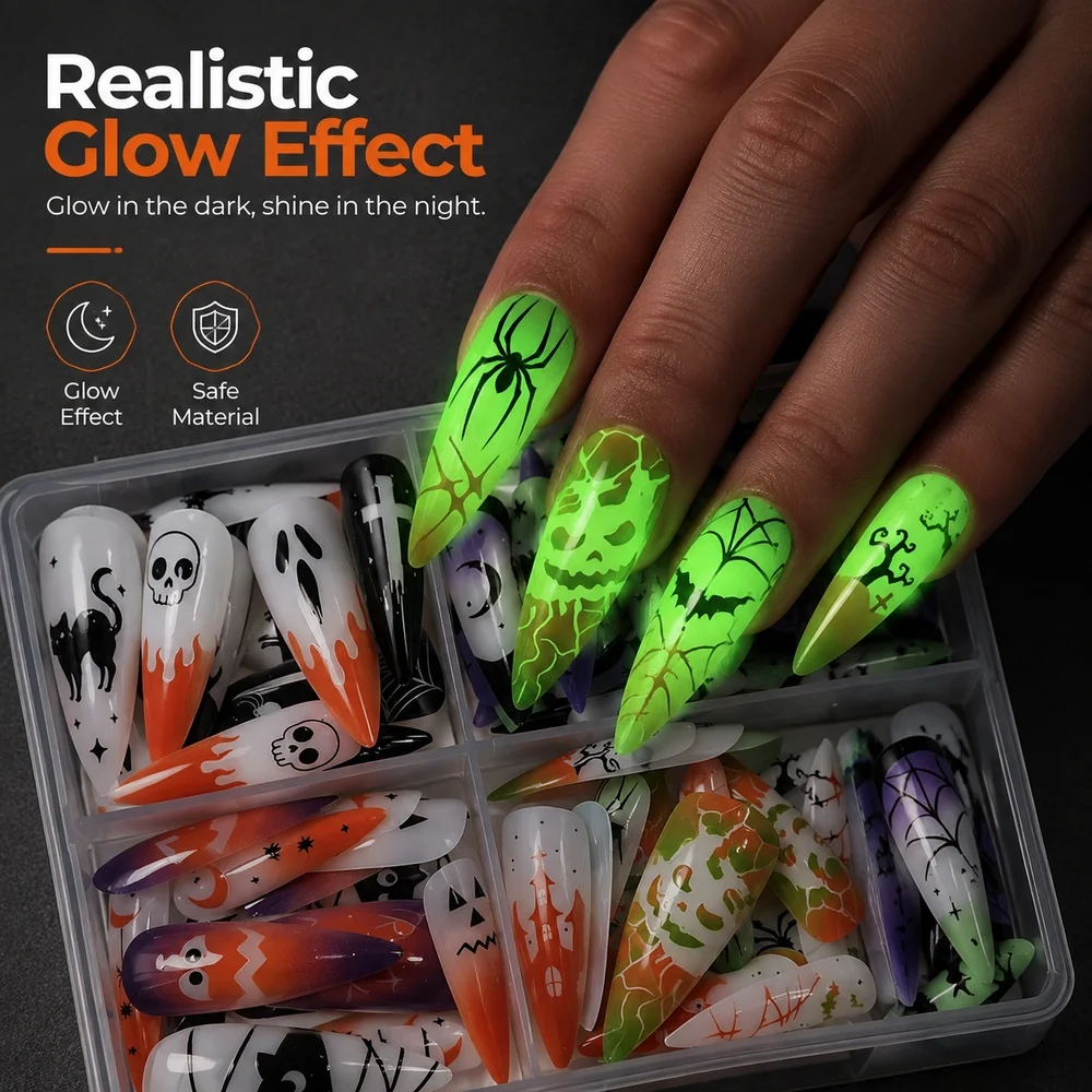 96 Uds. Uñas Postizas de Halloween con Diseño de Estilete que Brillan en la Oscuridad, Motivos Variados de Momia, Araña y Calabaza, en Caja, para Manicura de Fiesta de Disfraces