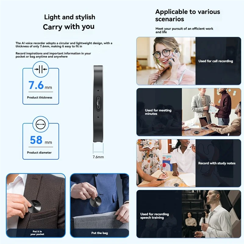 M13kmini AI Voice Recorder With Chatgpt Transcription, Translation & Mind Map Functions, Controlled Via APP