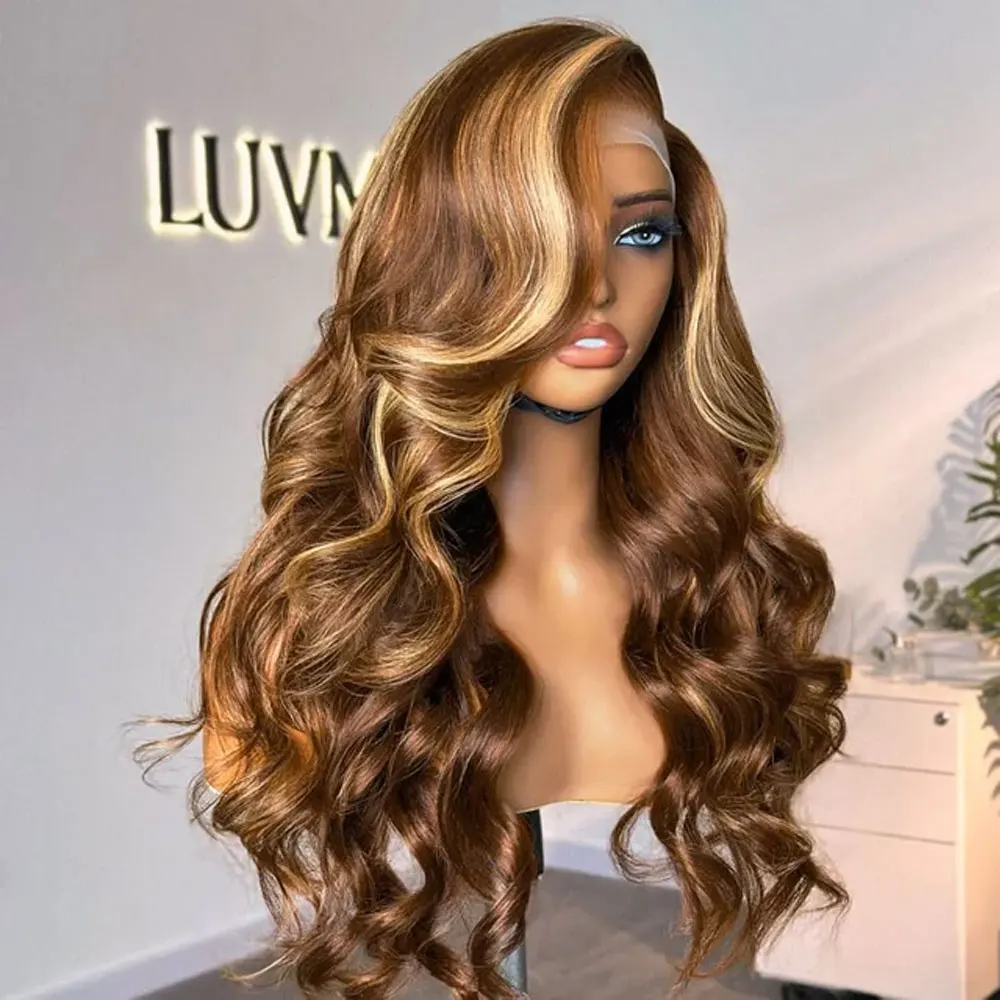 Perruques en cheveux humains ondulés densité 200 250, avec mèches, perruque frontale en dentelle HD 13x4, perruque frontale bouclée 13x4 P4/27, perruques en cheveux humains colorées ombrées 1B/30 marron, en solde, pré-épilées, style bouclé prêt à poser pour application facile, pour fêtes, travail, vie quotidienne.