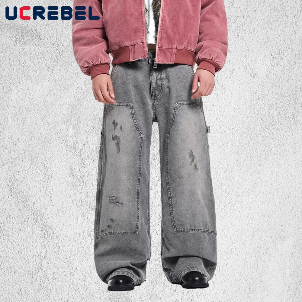 

Рваные джинсы-карго, мужские уличные брюки с двойными колена в стиле ретро, потертые мешковатые брюки с широкими штанинами и карманами, мужские джинсовые брюки-бананы