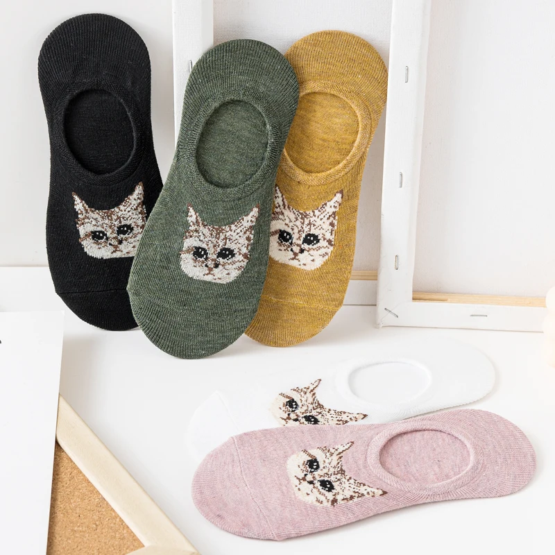 Calcetines náuticos antideslizantes de verano para mujer, medias con cabeza de gato, bonitos y divertidos, invisibles, talla 35-40, venta al por mayor