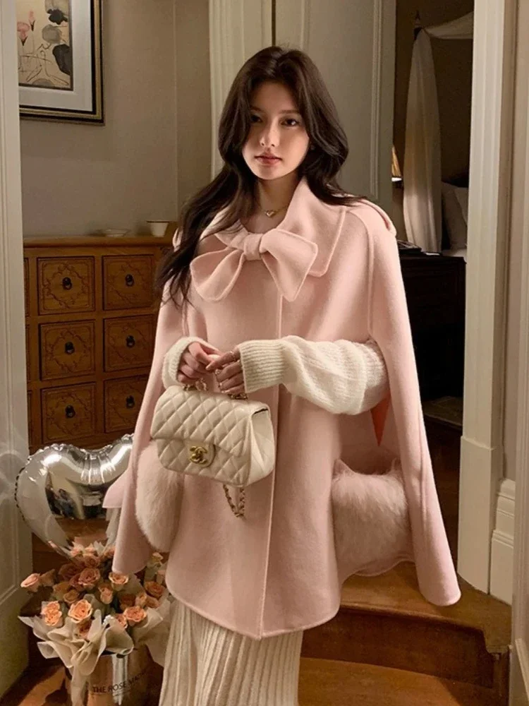 2025 nuovi vestiti autunno inverno Fahsion vera pelliccia di volpe mantello di lana scialle donna spessa calda giacca di lana di canzolano double-face