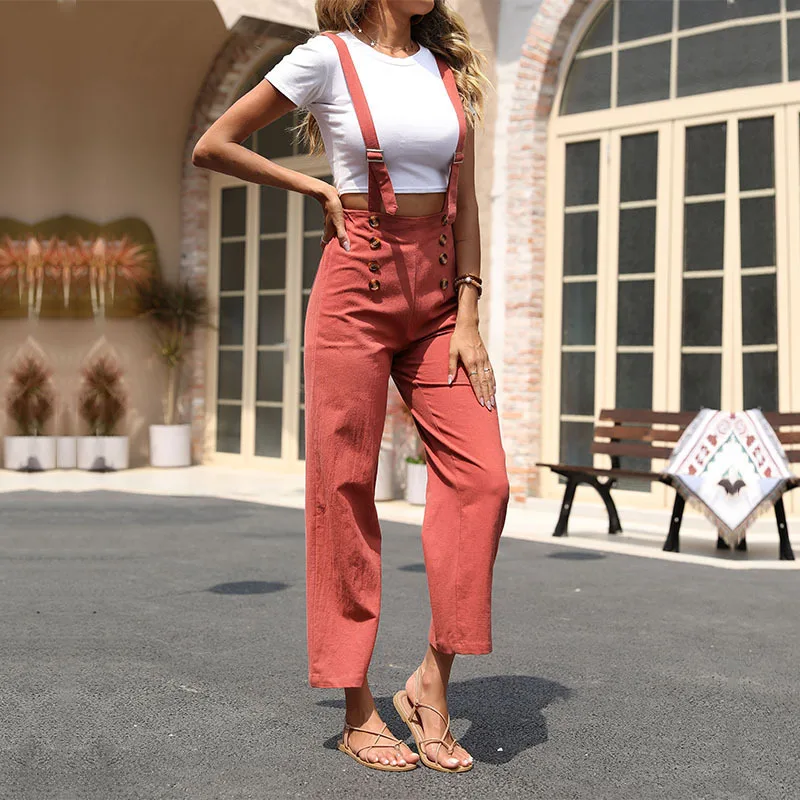 

Jumpsuits for Women 2022 Elegant Wide Leg Jumpsuit Women's Summer Romper Button Long Overalls Playsuit Female Suspender Pants