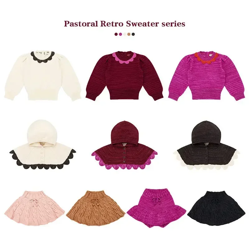 

Girls Sweater Fall-Winter 2023 Misha and Puff Retro Baby Kids Lace Knitwear Skirt Shawl Set