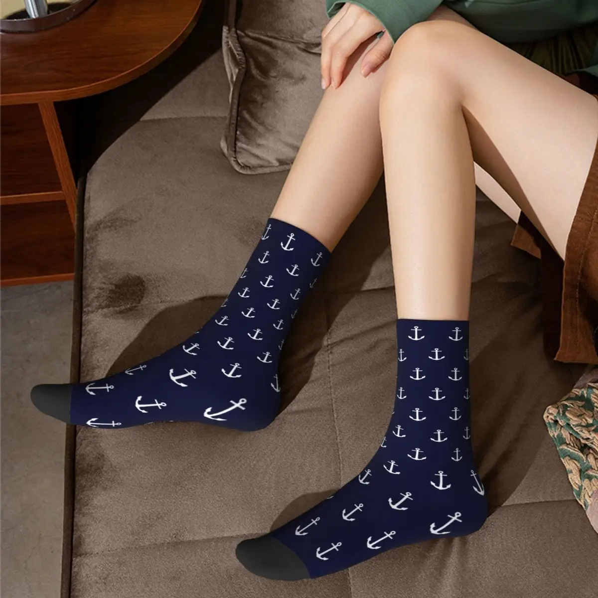 Autumn Winter Crazy Design Unisex White Anchor On Navy Blue Socks Sweat Absorbing Soccer Socks