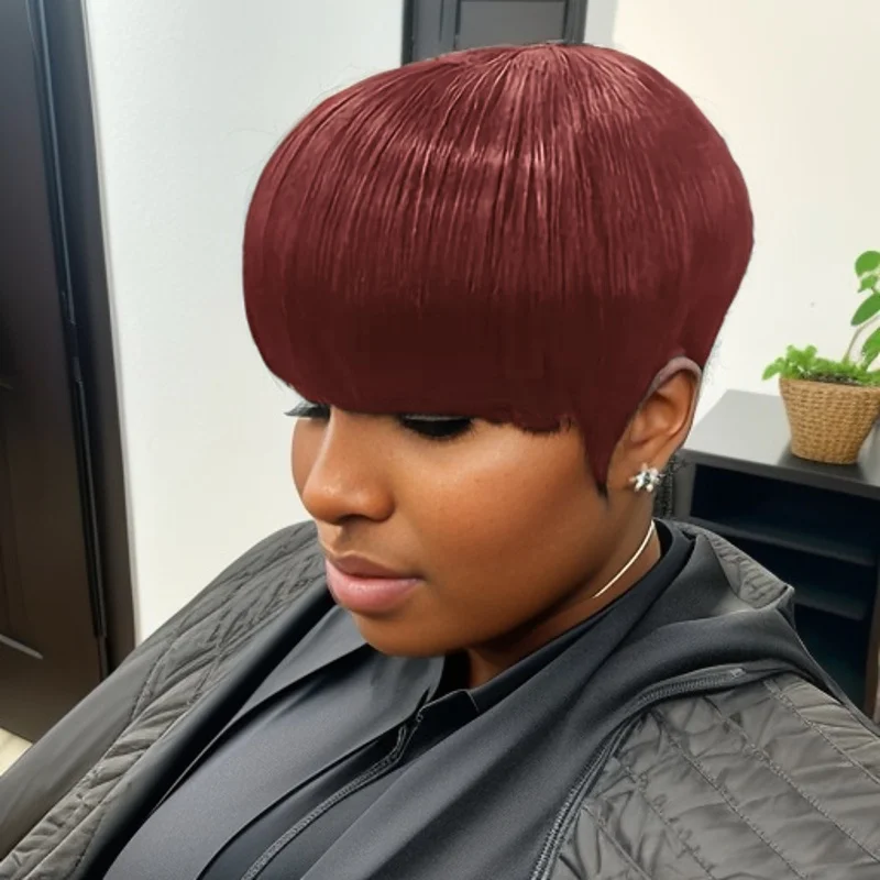Short pixie Layered Wig with Bangs Natural Straight Full Machine Made Wig
