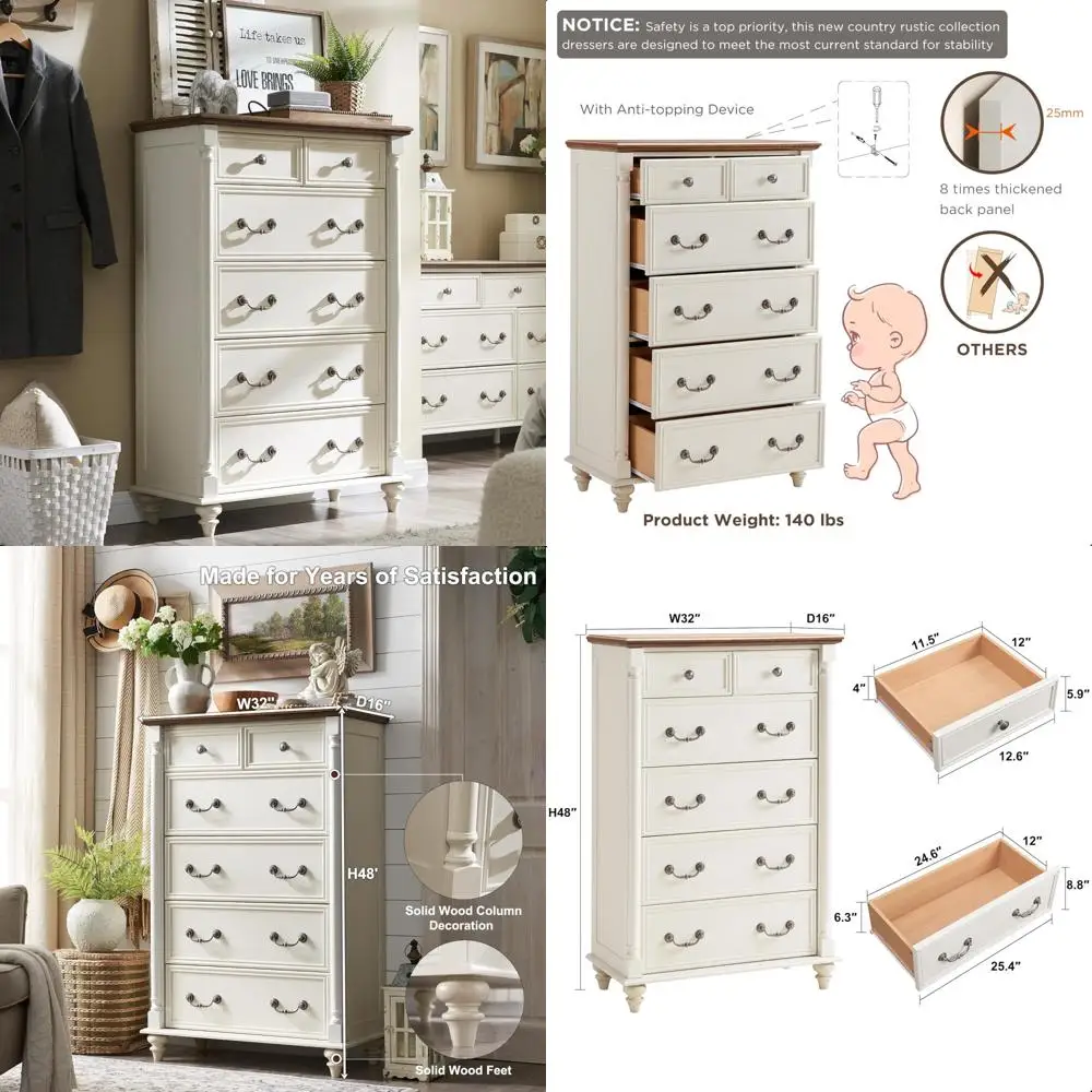 

rustic 6-drawer wooden dresser with column accents and solid feet for bedroom storage