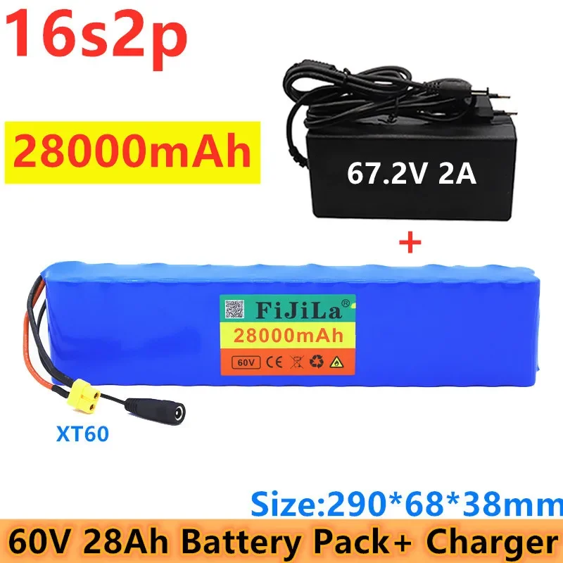 

16S2P 60V 28Ah 18650 Li-ion Battery 67.2V 28000mAh Ebike Electric Bicycle Scooter With BMS 1000Watt xt60 Plug With+ Charger