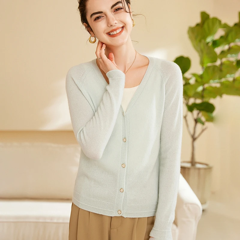 Women O-neck Cardigan For Spring Autumn 100% Cashmere Sweater Long Sleeve Pure Color Office Lady Basic Clothes Korean Style