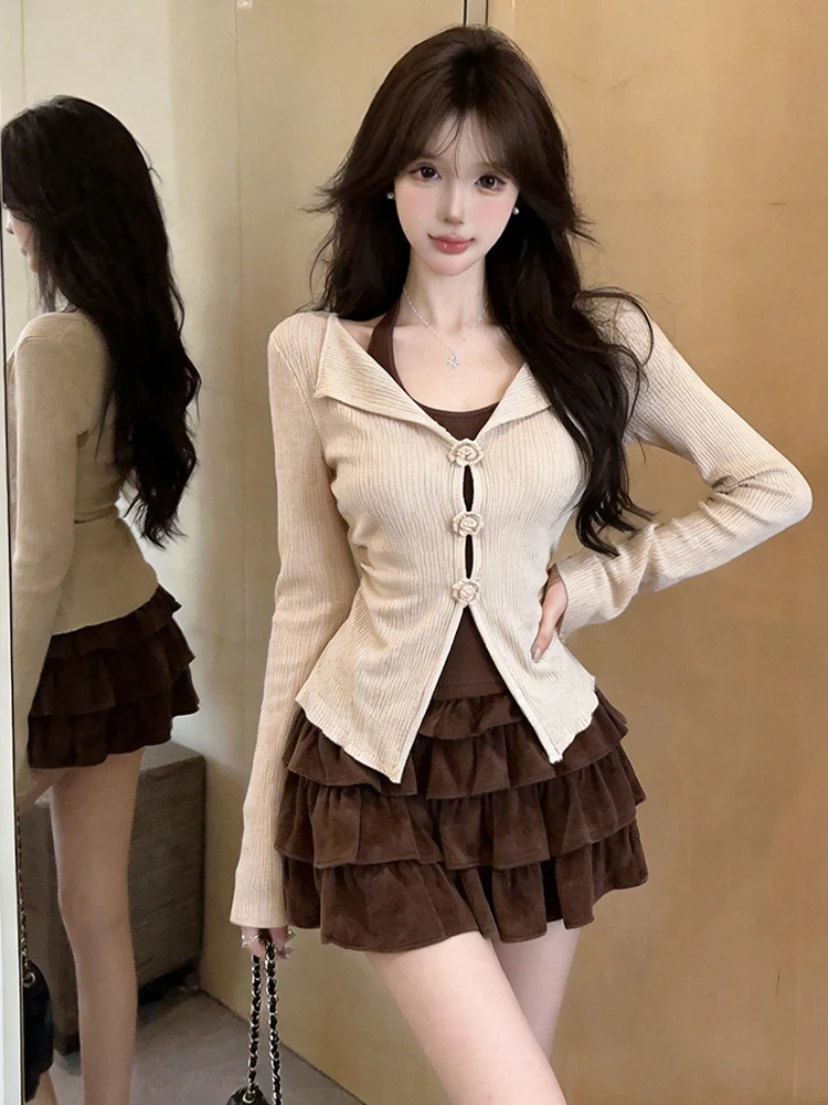 Sexy Sweet Asymmetric Color Block Long Sleeve Slim Fit Half Body Cake Skirt Set Waist Cinching Slit Design Fashionable Women'...