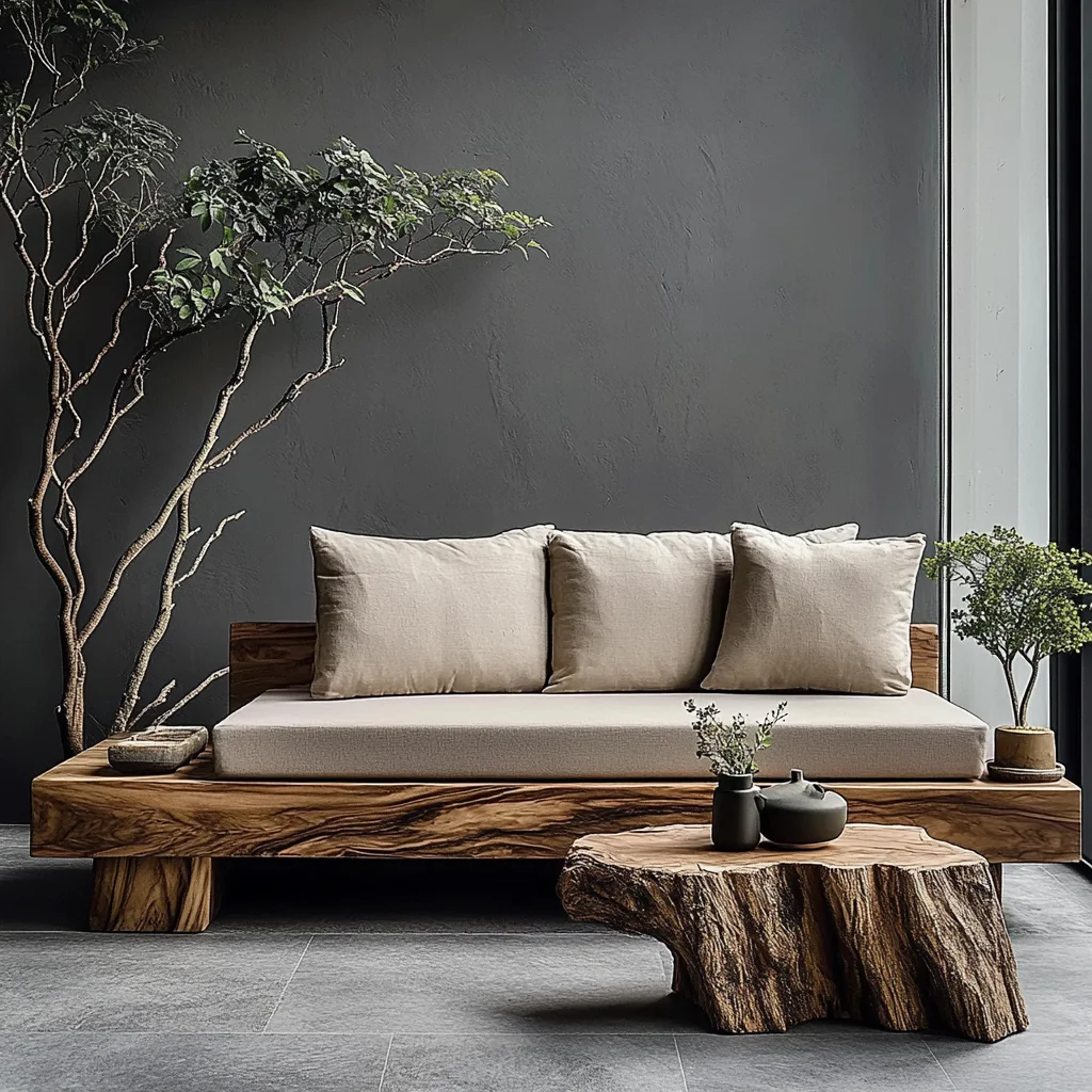 سجل الرياح الخشب الصلب وابي سا أريكة جمالية غرفة المعيشة B & B أثاث سجل الفندق أرضية صف مستقيم أريكة متعددة الأشخاص