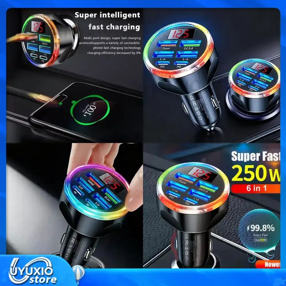 UYUXIO 6 in 1 Multi Port USB C Car Charger with Voltage Display Super Fast Charging Adapter in Car with Volt Meter for iPhone