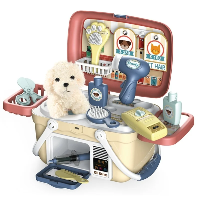 Fingir jogar filhote de cachorro pet care playset com cão de pelúcia para crianças médico jogar kit veterinário brinquedos para crianças meninas