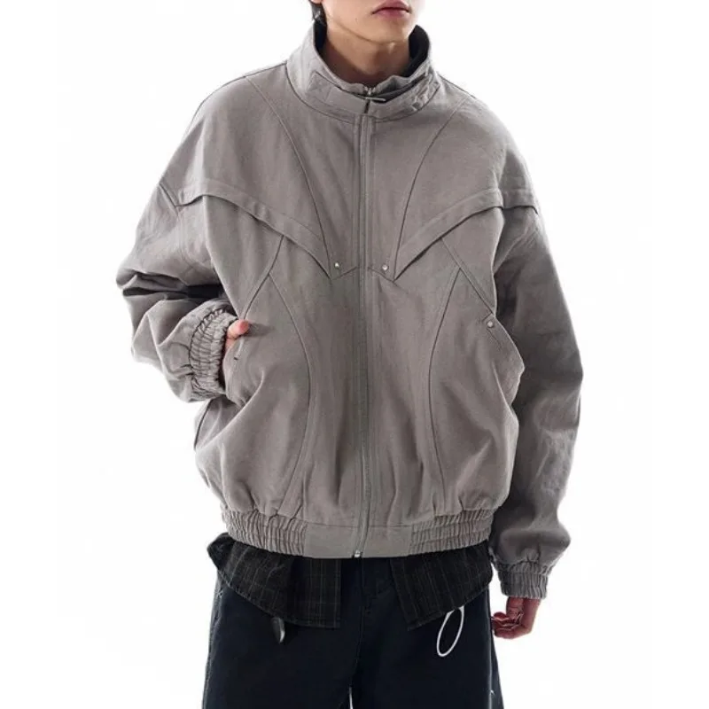 Japanese Style 3D Cut Stand Collar Workwear Jacket Men's Loose Casual Cleanfit Jacket Hard Wide Heavy Cargo Coats Strretwear