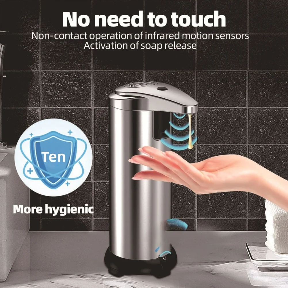 20.5 x 10 x 9 cm Stainless Steel Sensor Soap Dispenser Battery Powered Touchless Operation for Multiple Liquids