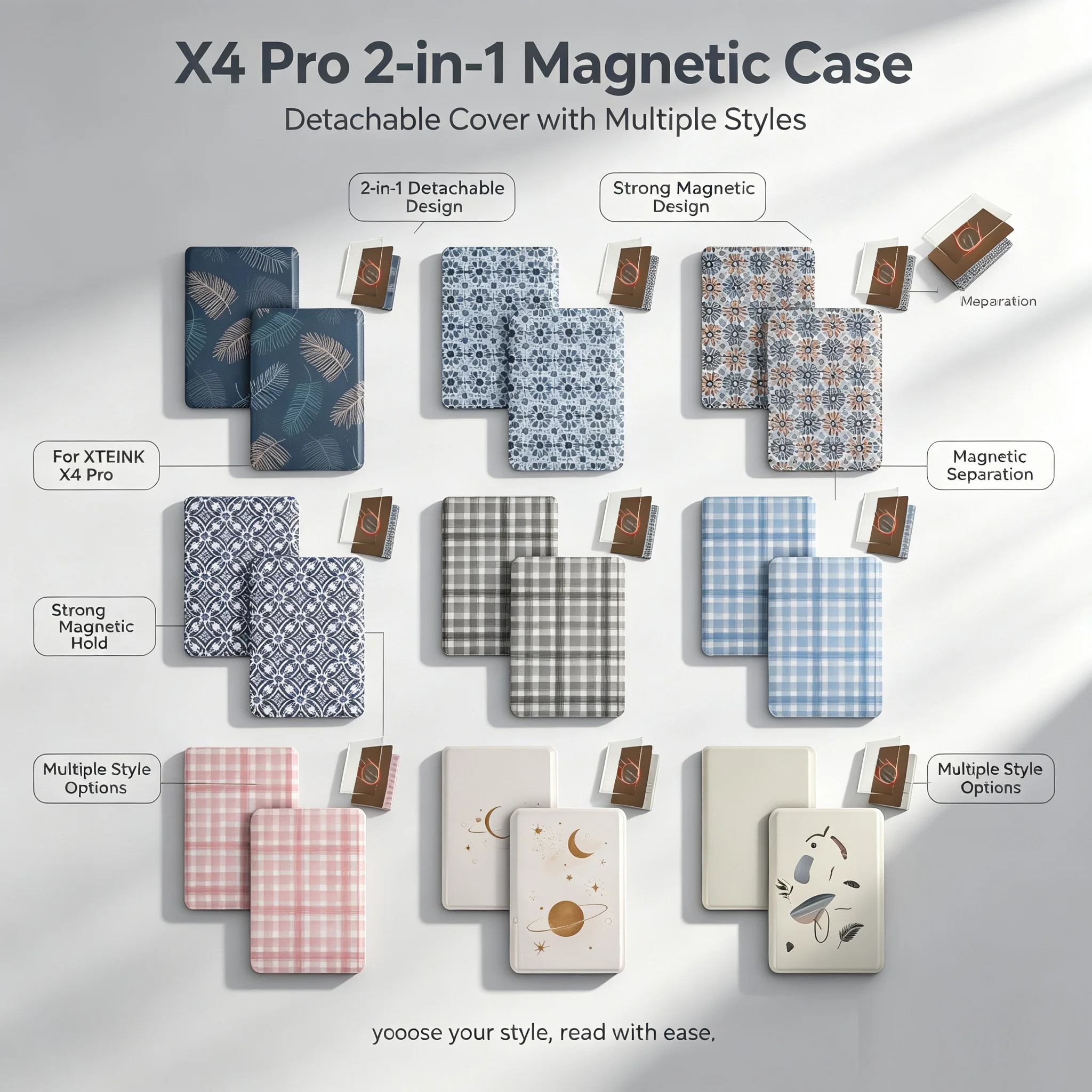 For XTEINK X4Pro 4.3 Inch E-Ink Reader 2-in-1 Magnetic Detachable Protective Cases Clear TPU Inner Shell + Magnetic Flip Cover