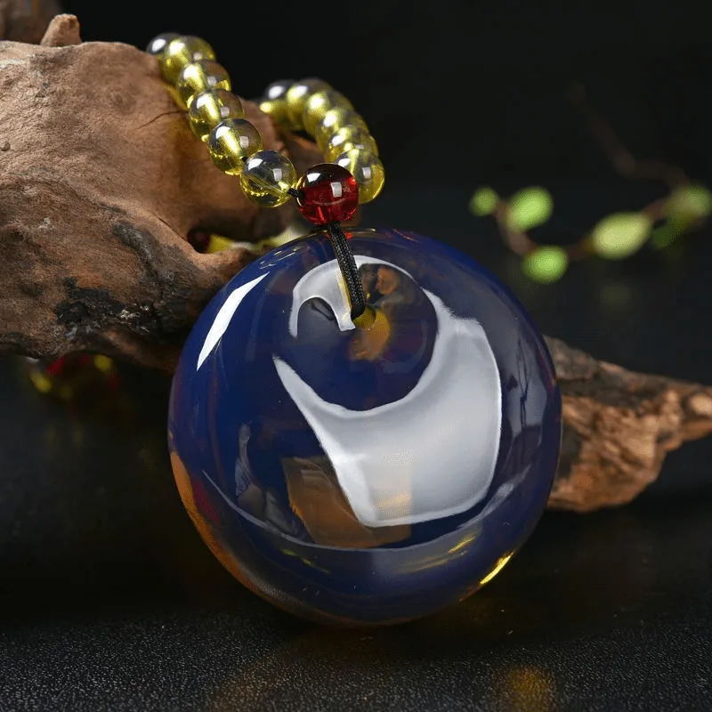 

Elegant Blue Amber Beeswax Pendant Necklace, Men's and Women's Sweater Chain, Women's Necklace