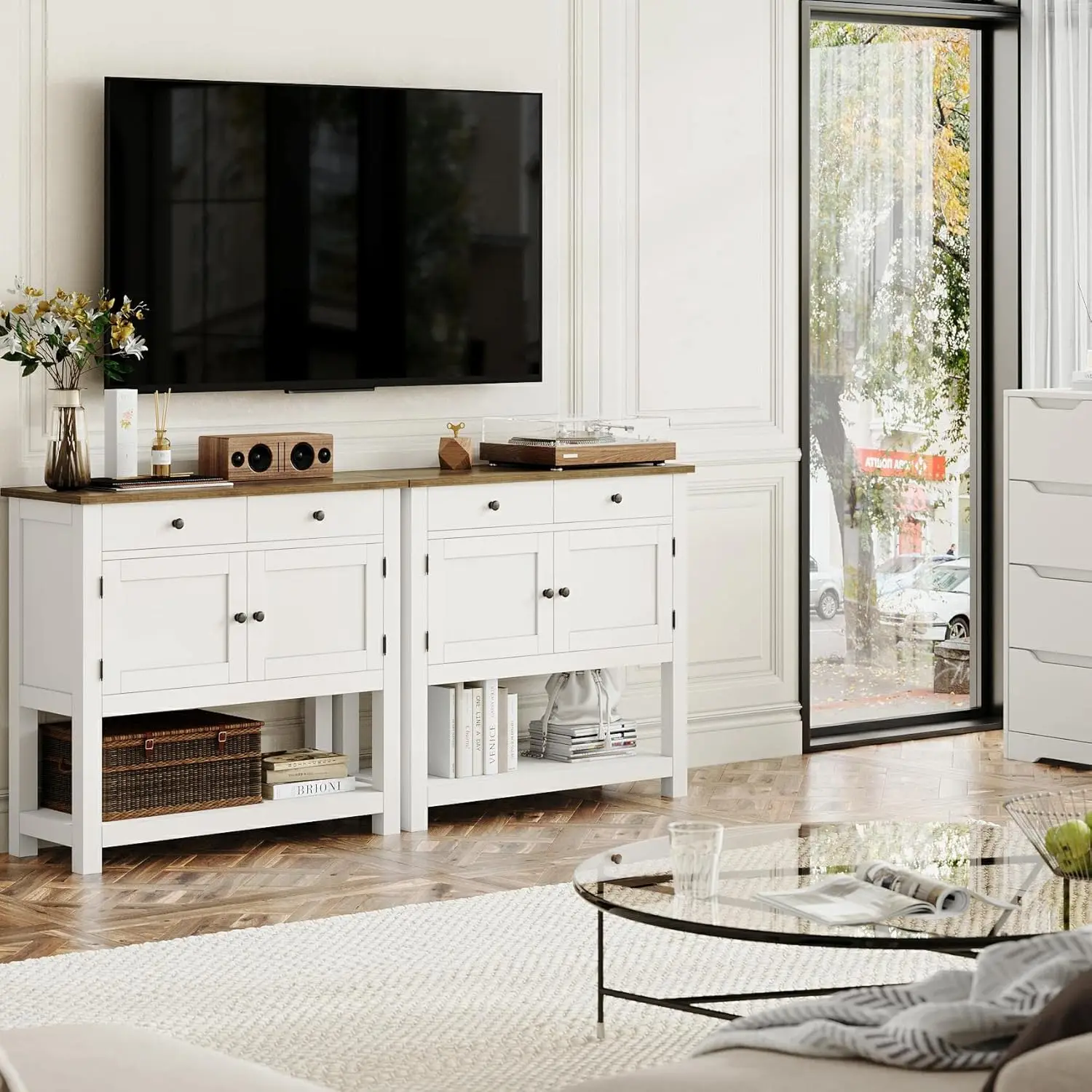 طاولة كونسول للمزرعة مع بابين ودرجين ورف تخزين - طاولة مدخل بيضاء للمطبخ والممر وغرفة المعيشة