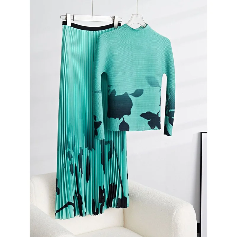 

Print Pleated Two Pieces Set Turtleneck Long Sleeves Slim Tops High Waist Elegant Skirts Female Clothes Summer 2YA263