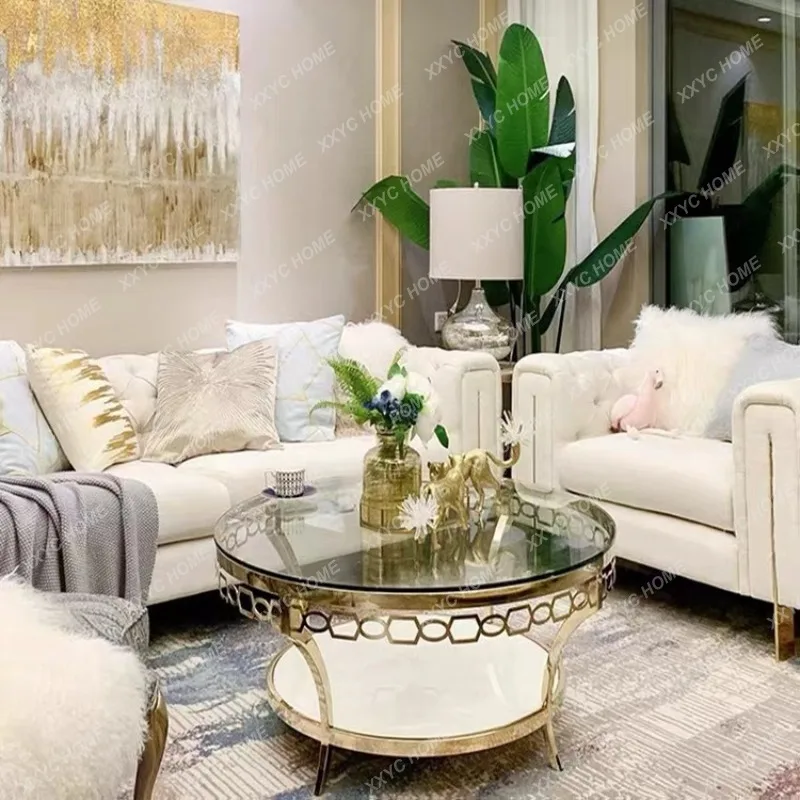 

Lstyle Light Luxury Glass Coffee Table Modern Minimalist Creative Living Room Stainless Steel Carved Coffee Table