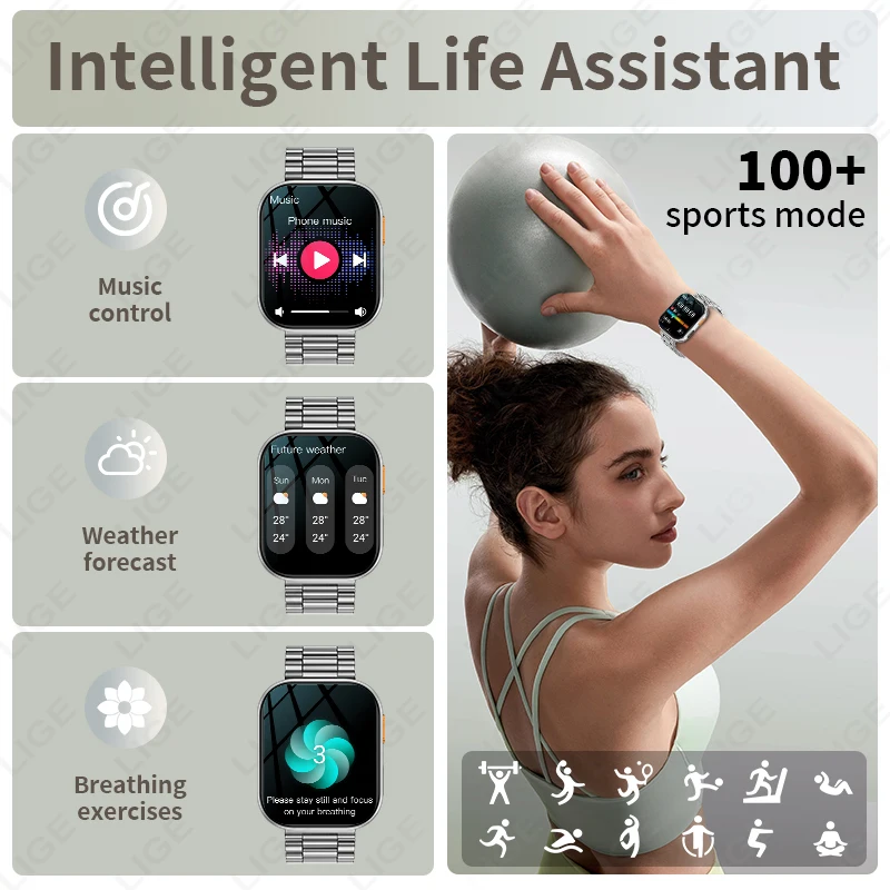 Reloj inteligente LIGE con batería grande de 1000mAh para exteriores, reloj inteligente con pantalla completamente táctil de 2,04 ", linterna LED, relojes inteligentes de salud y ritmo cardíaco