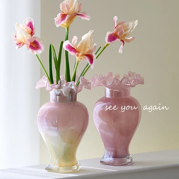 

Luxury Fenton Glass Vase Pink Ancient Table Decoration Ornament Mermaid Queen Lacquerware Flower Holder Decoration Romantic Vase