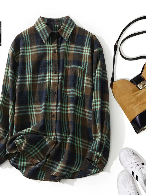 

Retro Fleece Women's Coat Large Size Fashionable Simple Artistic Plaid Shirt Winter Long Sleeve Button up Casual Outerwear