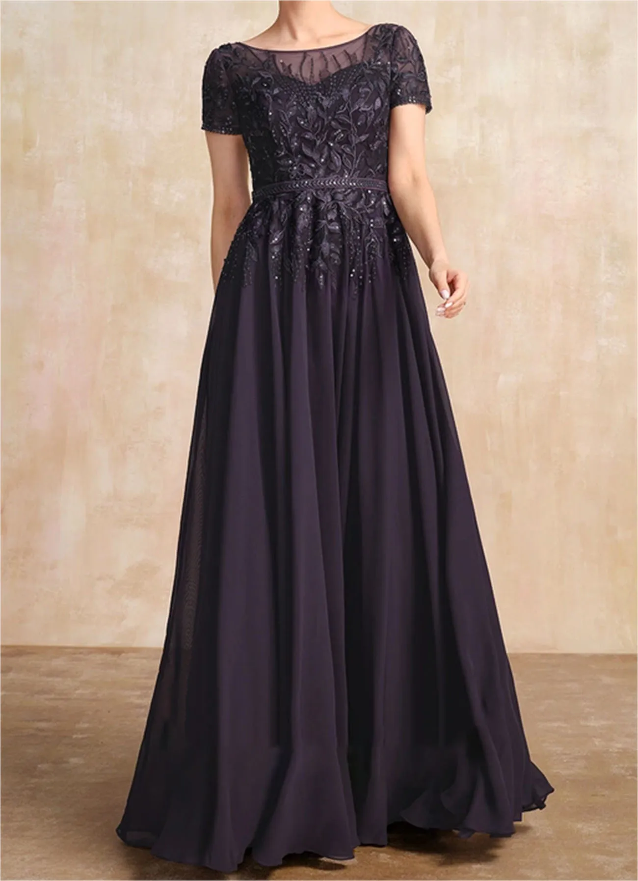 Bride'S Mother Dress Round Neck Short Sleeves Leaf Lace Appliqué Diamonds Evening Dresses Belt Chiffon Fabric Elegant Purple