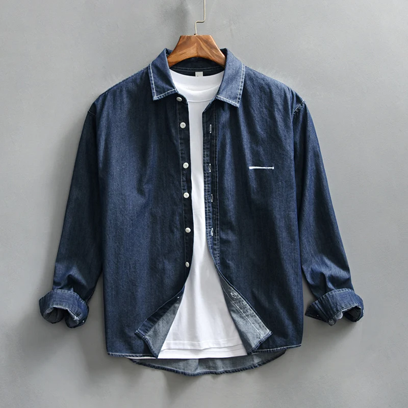 

Fashion Designer Men Shirts High Quality Dark Blue Long Sleeve Cotton Denim Shirts Men Coats Vintage Casual Shirts Hombre