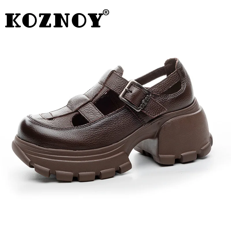 

Koznoy 5cm Cow Weave Genuine Leather Sandas Summer Rubber Chunky Heels Women Hollow Hook Breathable Boots Comfy Flats Shoes