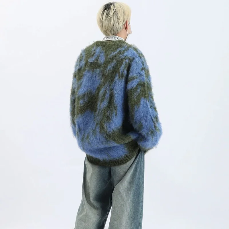 Men Tie-Dye Patchwork Color O-Neck Sweater Vintage Korean Loose High Street Warm Sweater Winter Male Thicken Pullover Sweater