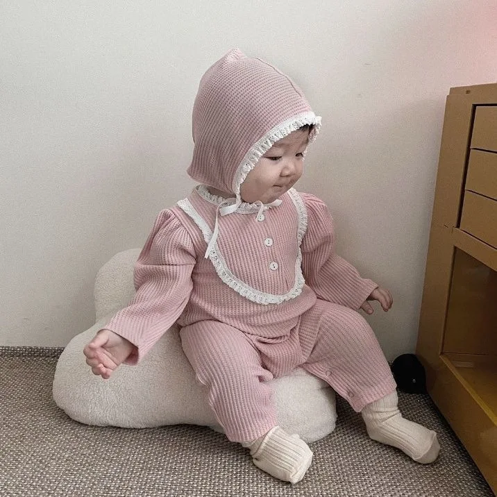 Lace Docortation Fall Baby Romper Baby Girl Stand Collar Lace Three Button Waffle Jumpsuit Long Outerwear Crawler