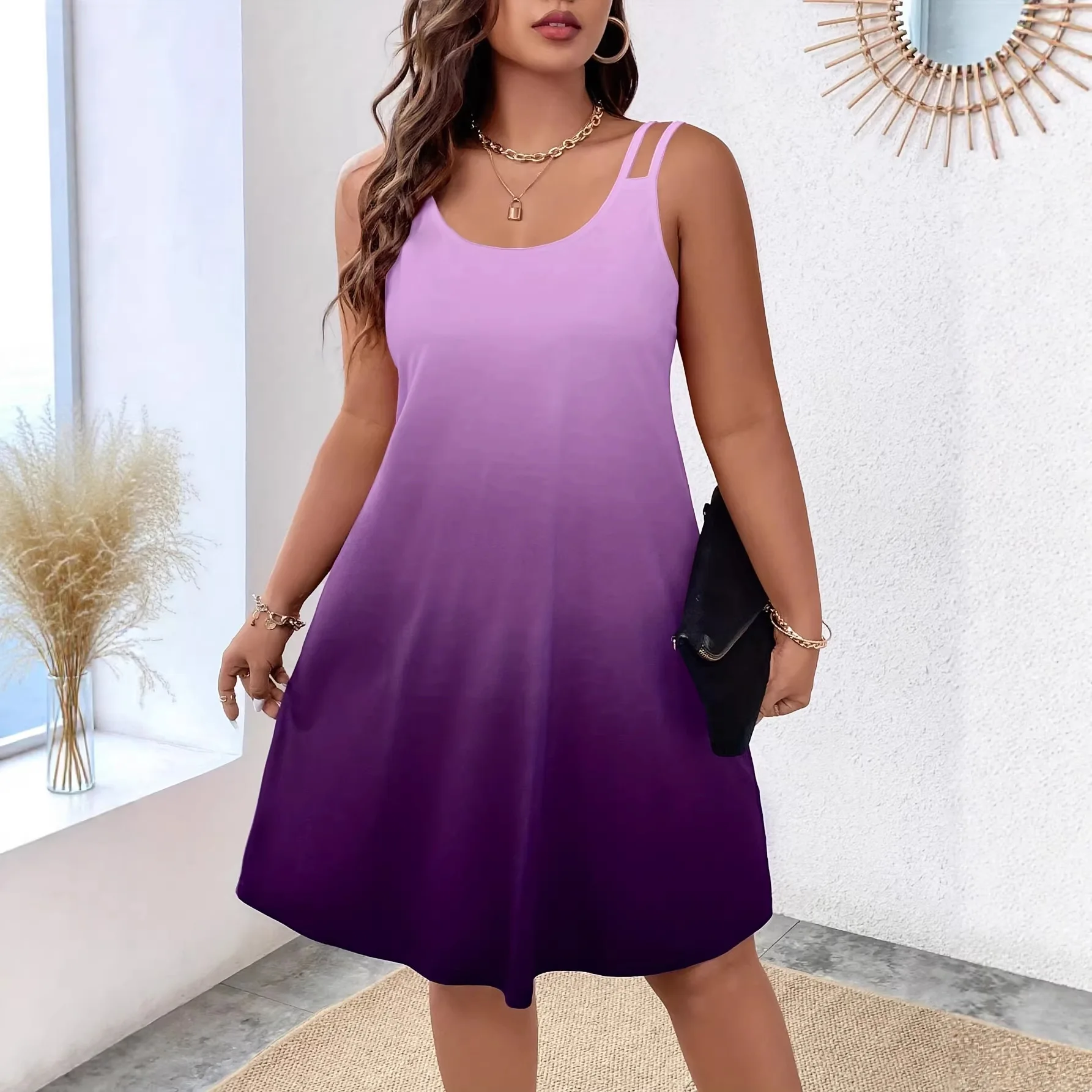 

Casual round Neck Gradient Print plus Size Women's Dress Cross-Border Large Capacity Shoulder Strap Elegant Loose Fit Midi Dress
