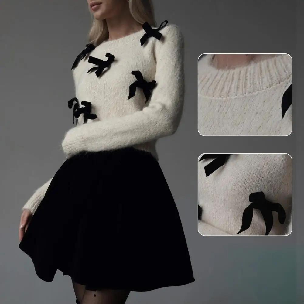 Women Sweater Bow Detail Sweater Elegant Round Neck Solid Color Long Sleeve Knit Tops Knitwear Casual Jumpers Women's Clothing