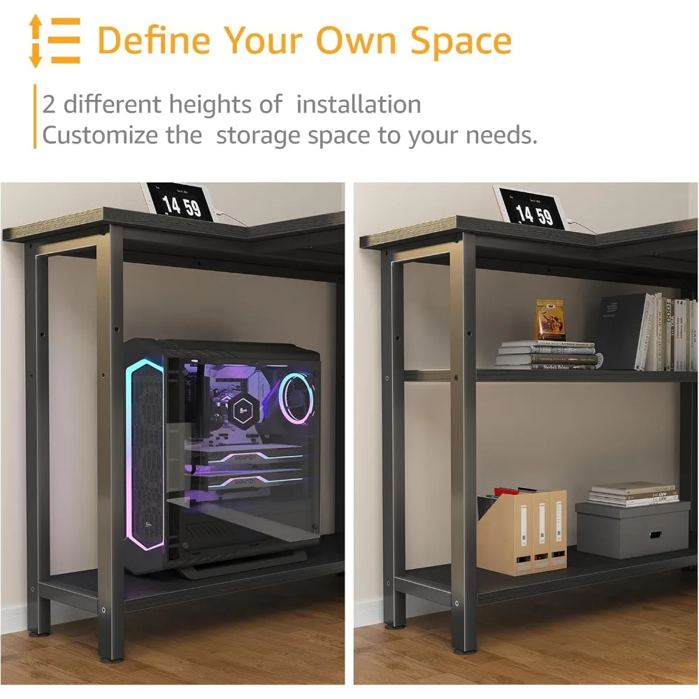 Meja Gaming Sudut Kompak dengan Rak dan Stopkontak, Meja Komputer Bentuk L 40 Inci untuk Ruang Sempit, Solusi Meja Kantor Rumah