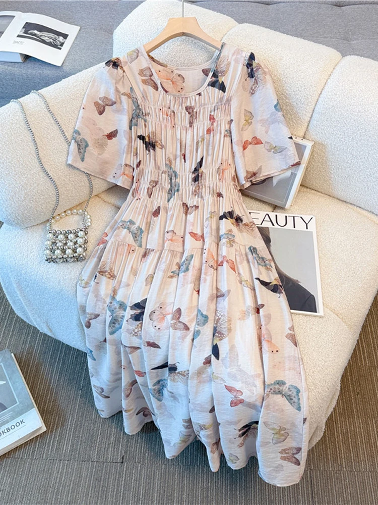 Summer 2025 plus Size Women's Dress Loose High Waist Print Long Dress Robe Elbise Big Flower Korean Style Dress for Fat MM