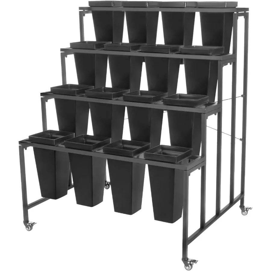 حامل عرض على شكل زهور مكون من 4 طبقات مع دلاء مربعة لديكور الحديقة الداخلي وحامل نباتي دوار قابل للتعديل مع بوك بلاستيكي متين #4