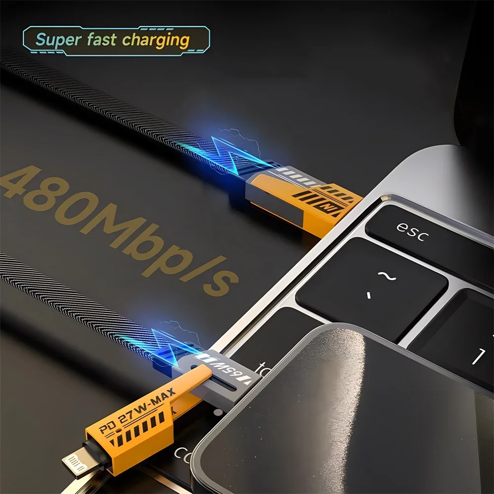 Multi-function 4-in-1 data cable super fast charging PD27W charging dual type-c 65W Lightning Nylon Braided cable