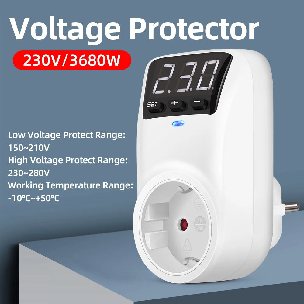 

AC 230V 16A Automatic Voltage Protector Socket Adjustable LED Display Power Surge Protector Socket EU Plug Voltage Safe Protect