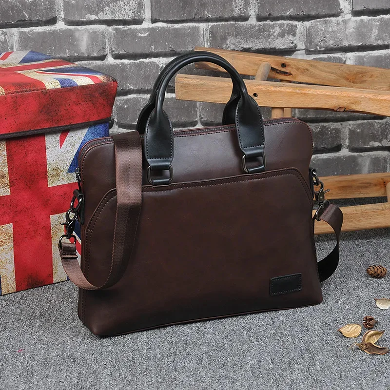 Vintage Soft Leather Men's Briefcase Business Handbag 14“ Laptop Casual Shoulder Messenger Bag For Male