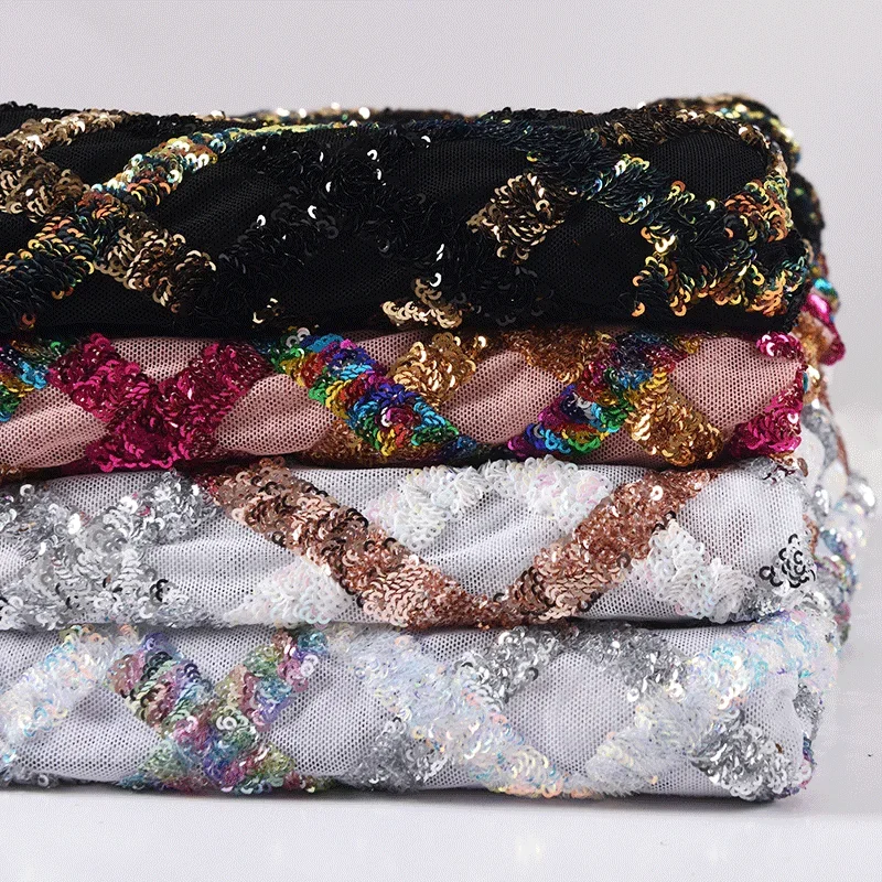 

Nylon Spandex Dense Mesh Bead Embroidered Fabric European American Elastic Performance Dress Wall Decoration Curtain Diy Cloth