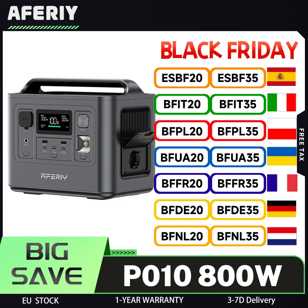 AFERIY P010 Centrale électrique portable, générateur extérieur 800 W 512 Wh, batterie LiFePO4 plus de 3500 ciclos, 8 sorties, charge complète 1,5 H