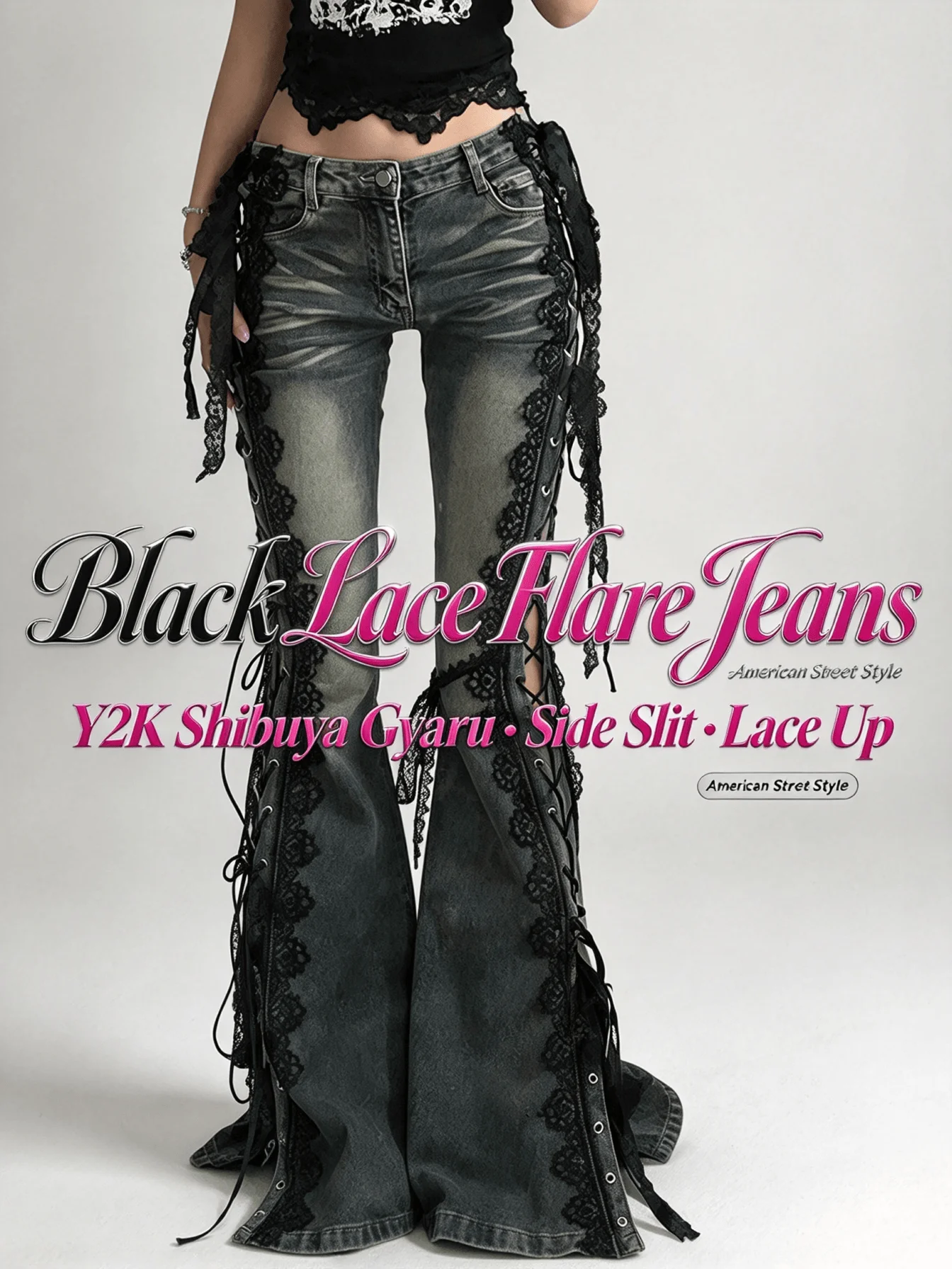 Shibuya Gyaru Y2K American Street Black Lace Slim Flare Jeans Women Side Slit Lace Up Denim Pants Retro Sweet Cool Long Trousers