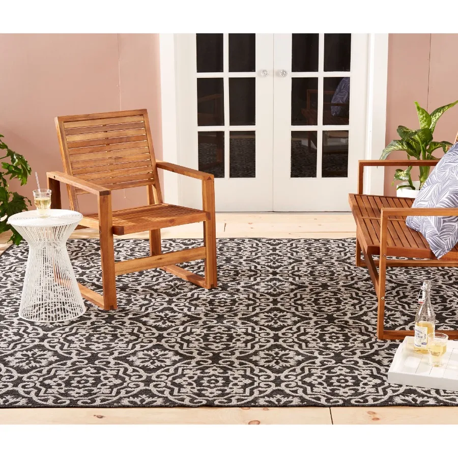 New York Patio Country Danica Transitional Geometric Indoor Outdoor Area Rug Black Grey 5'2"x7'2"