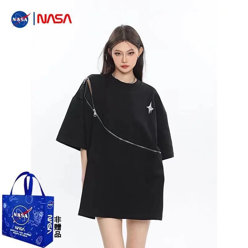 تي شيرت نسائي كبير الحجم بتصميم سحاب ونمط نجمة كاجوال فضفاض بأكمام قصيرة فستان علوي 100% قطن