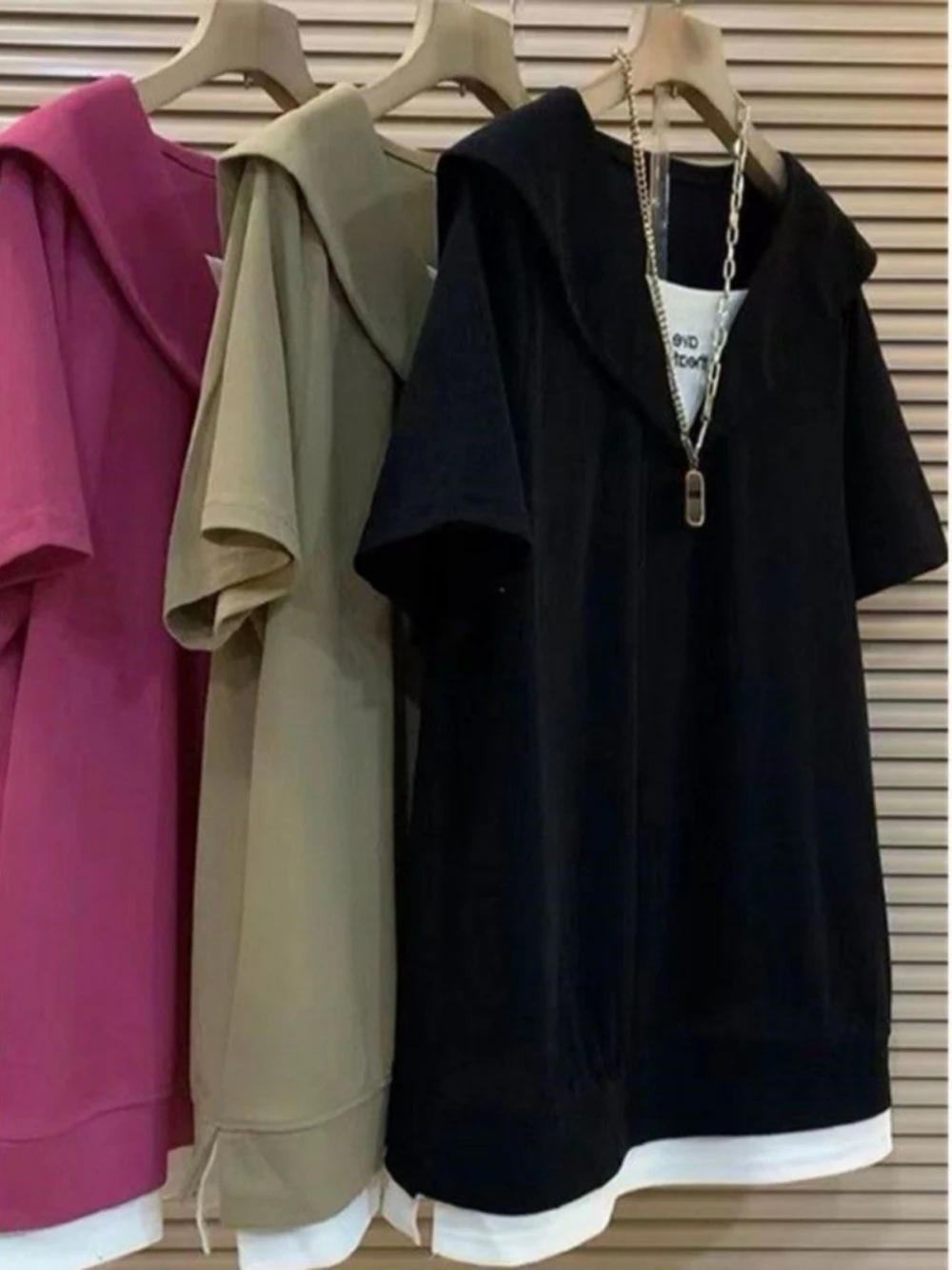 

plus Size Women's Summer Casual Loose Navy Collar Short Sleeve T-Shirt Fake Two-Piece Top for Heavy Girls 300 Pounds